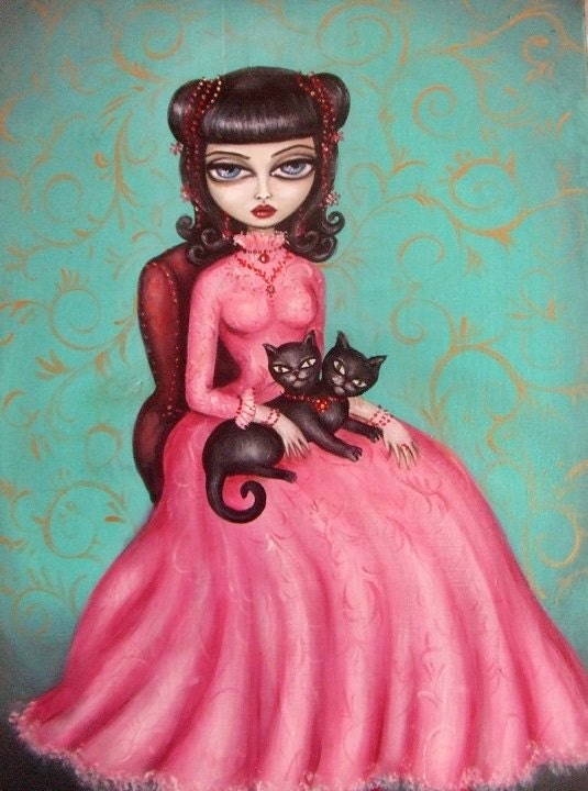 SIAMESE DREAM victorian big eye gothic girl with two headed cat GICLEE PRINT by NINA FRIDAY