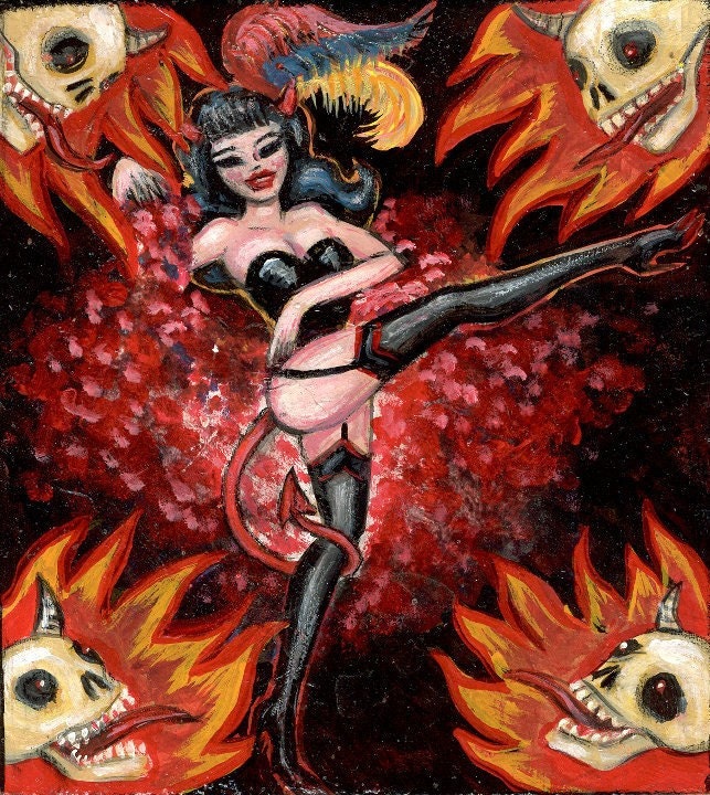 HELLS BELLE pin up burlesque dancing devil girl with fire breathing skulls GICLEE PRINT NINA FRIDAY