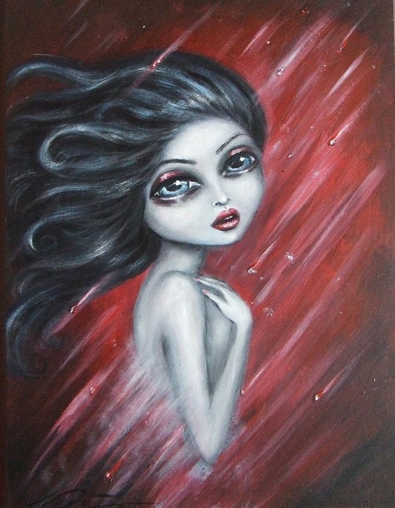 FRAGILE big eye dark haired nude under the ruby rain giclee PRINT by Nina Friday