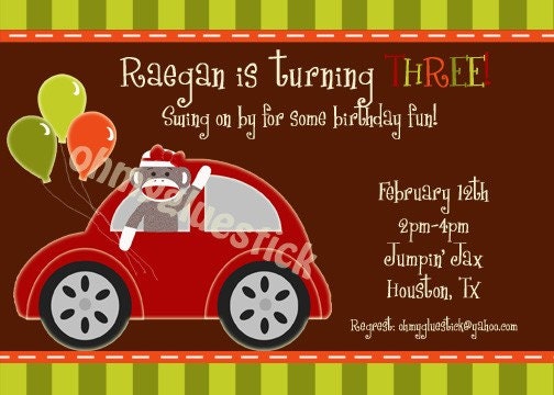 Original Sock Monkey in Bug Car BOY or GIRL Printable Invitation by Oh My Gluestick
