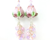Pink Tulip Earrings, Pink Flower Earrings, Violet Pink Peach Floral Lampwork Earrings, Pink Glass Bead Earrings - Dreamy Pastel Tulips