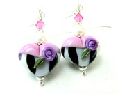 Pink Heart Earrings, Black White Pink Heart Lampwork Bead Earrings, Glass Heart Earrings, Pink Earrings, Heart Jewelry - Prisoner of Love