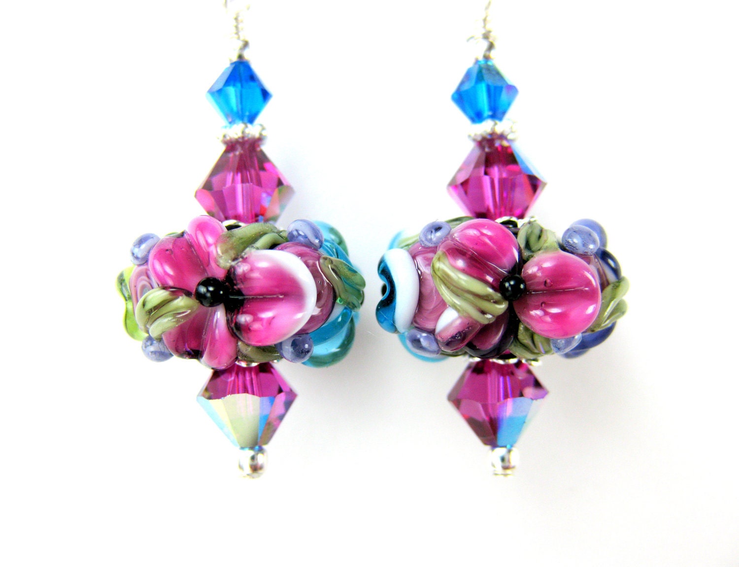 Colorful Flower Earrings, Pink Blue Green Floral Lampwork Earrings, Glass Bead Earrings, Beadwork Earrings - Bright and Bold
