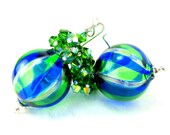 Cobalt Blue Green Murano Blown Glass Earrings, Crystal Cluster Earrings, Venetian Glass Bead Earrings, Beadwork Earrings - Balloon Race