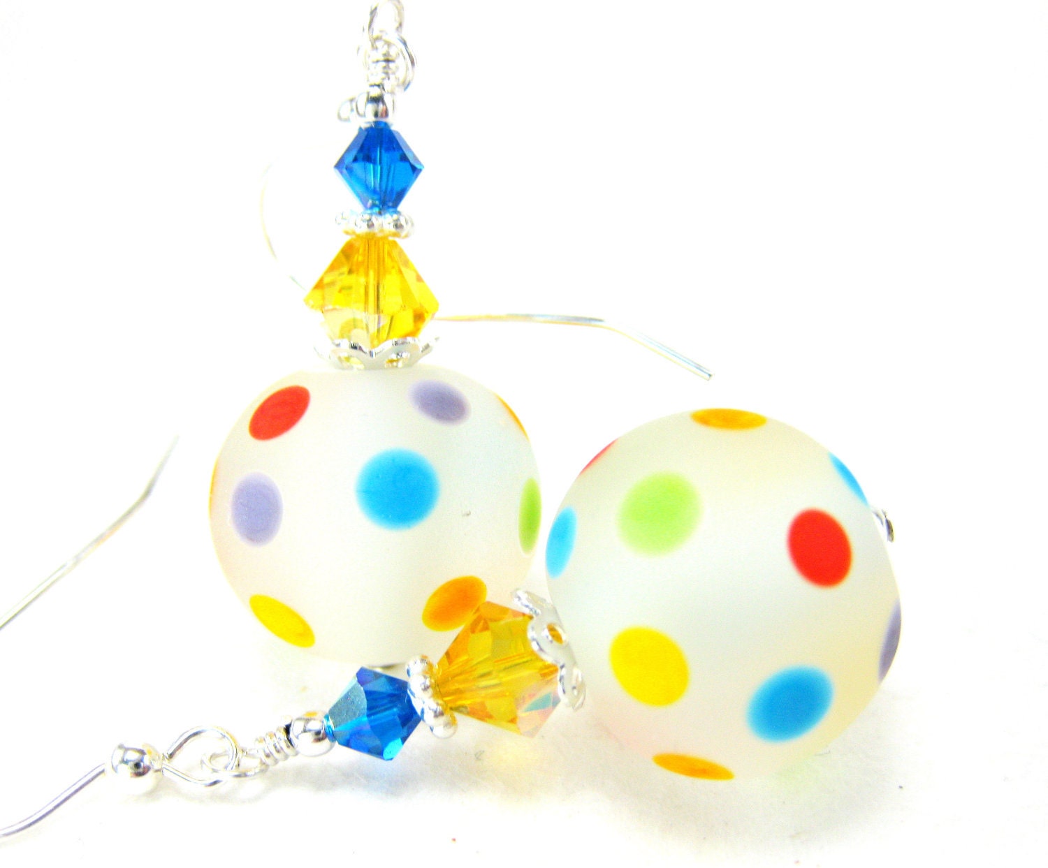 Colorful Polka Dot Beadwork Earrings, Rainbow Lampwork Bead Earrings, Polka Dot Glass Bead Earrings, Dangle Earrings - Circus Clowns