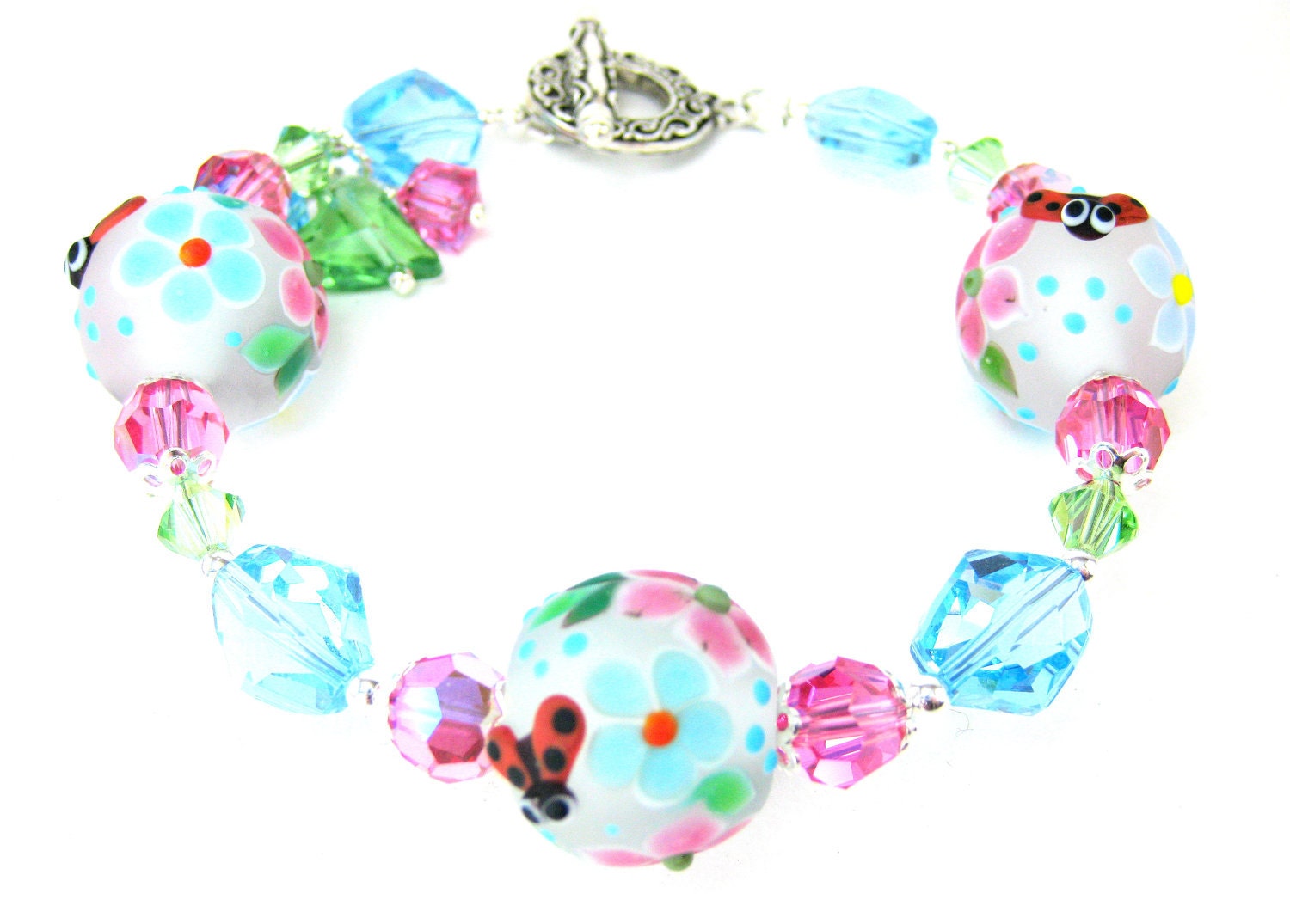 Ladybug Flower Bracelet, Pastel Floral Lampwork Bracelet, Spring Glass Bead Bracelet, Colorful Bracelet - Ladybugs in the Garden