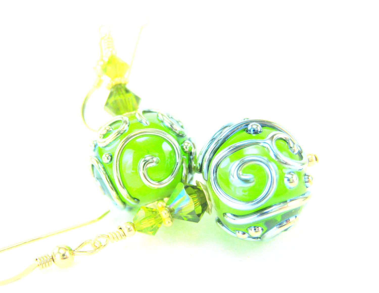 Lime Green Glass Bead Earrings, Spring Green Gold Lampwork Earrings, Green Beadwork Earrings, Apple Green Dangle Earrings - Twist of Lime