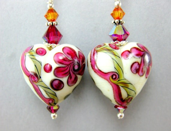 Heart Earrings, Valentine's Day Earrings, Ivory Ruby Red Earrings, Floral Lampwork Earrings, Pink White Dangle Earrings - One True Love