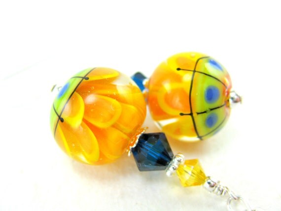 Yellow Lampwork Earrings, Orange Yellow Flower Earrings, Orange Yellow Blue Encased Flower Earrings, Summer Earrings - Gerbera Daisies