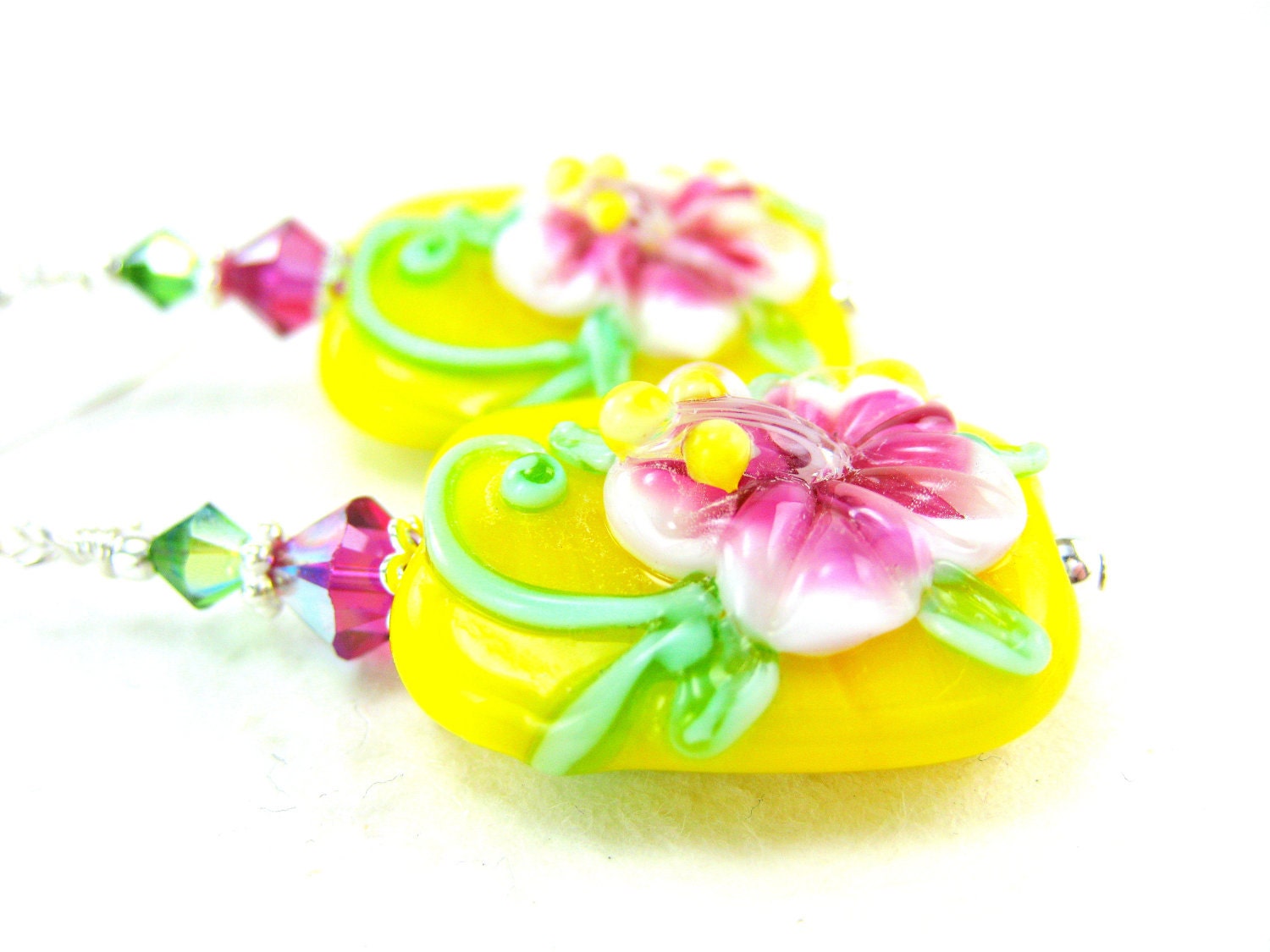Hibiscus Earrings, Yellow Pink Floral Lampwork Earrings, Beadwork Earrings, Flower Earrings, Glass Earrings, Tropical Earrings - Hibiscus