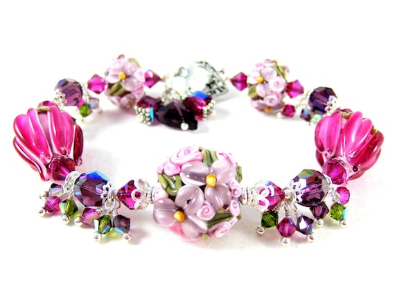 Purple Lampwork Bracelet, Purple Pink Floral Bracelet, Flower Bracelet, Glass Bead Bracelet, Fuchsia and Purple Bracelet - Ambrosia