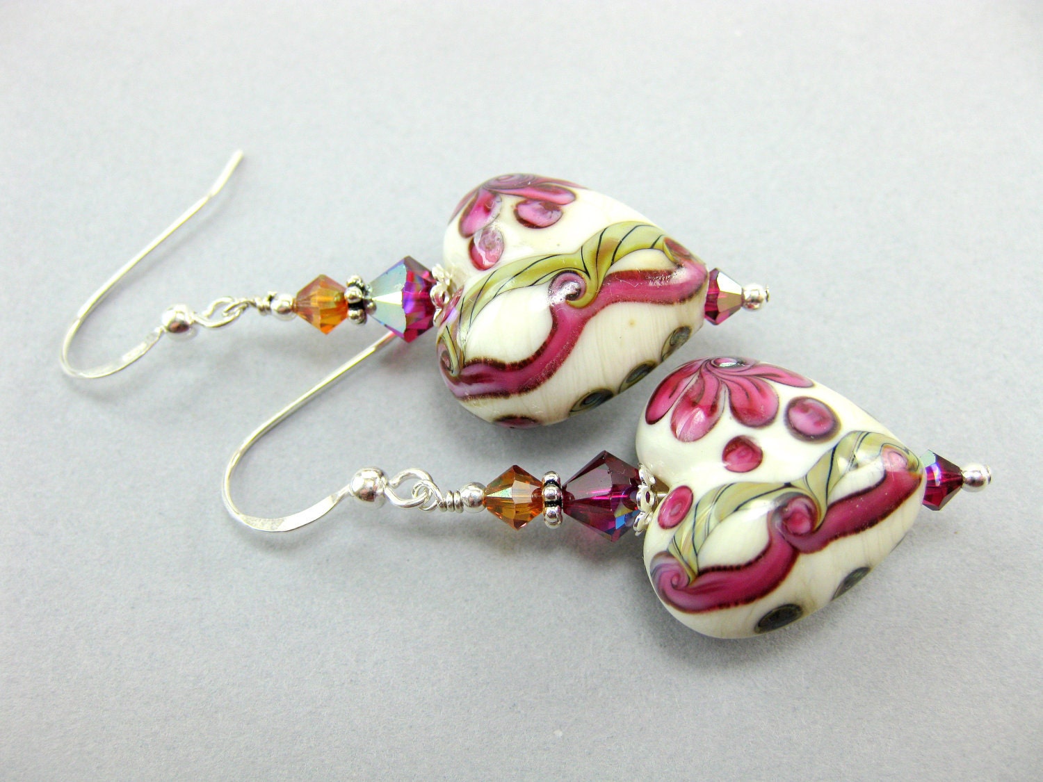 Heart Earrings, Valentine's Day Earrings, Ivory Ruby Red Earrings, Floral Lampwork Earrings, Pink White Dangle Earrings - One True Love