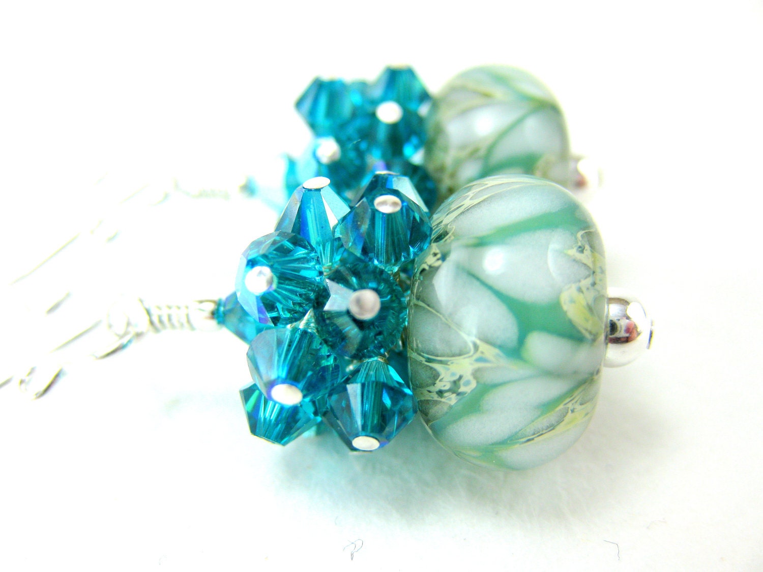 Teal Crystal Cluster Earrings, Teal White Glass Earrings, Boro Lampwork Earrings, Blue Beadwork Earrings, Peacock Blue Earrings - Fresh Air