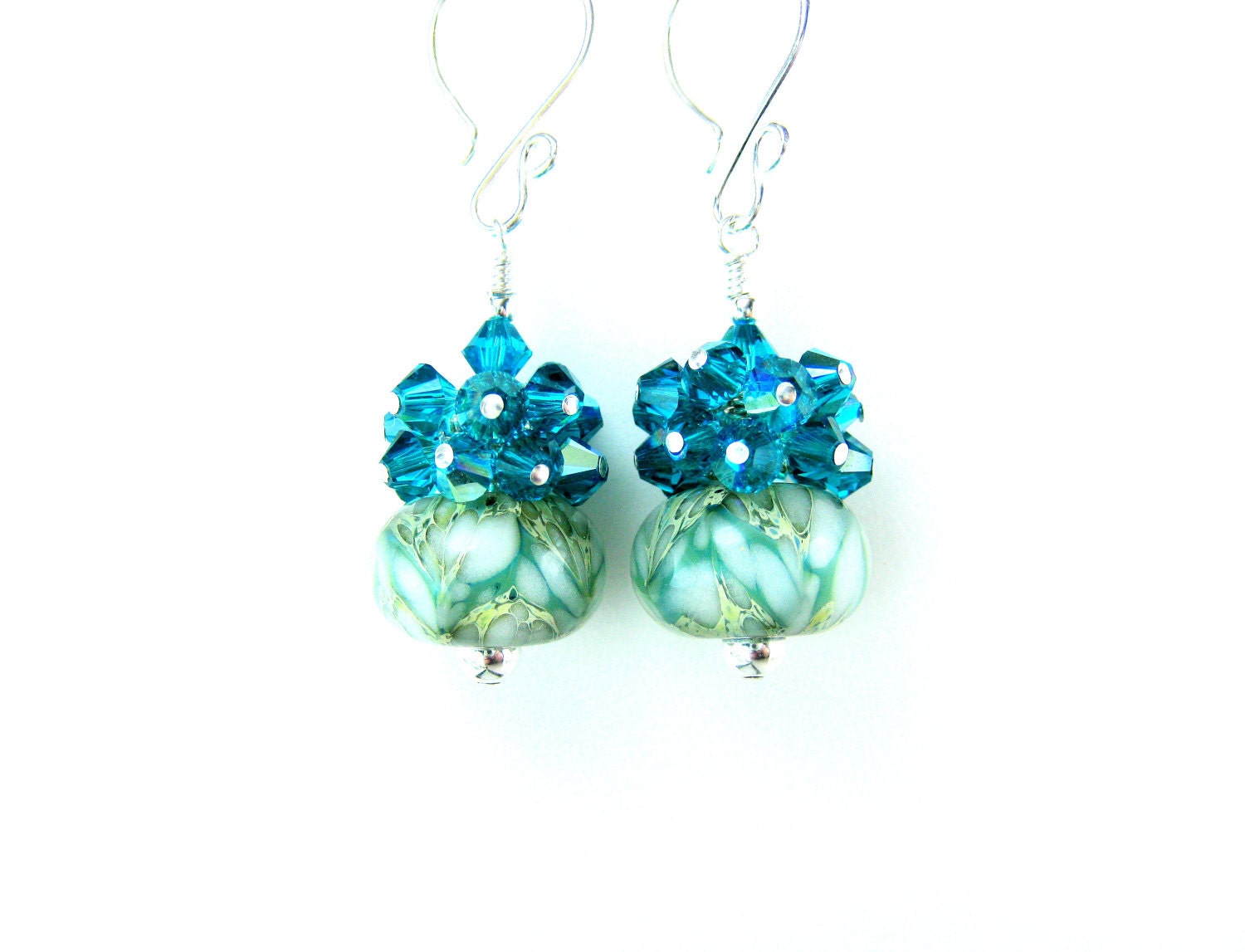 Teal Crystal Cluster Earrings, Teal White Glass Earrings, Boro Lampwork Earrings, Blue Beadwork Earrings, Peacock Blue Earrings - Fresh Air