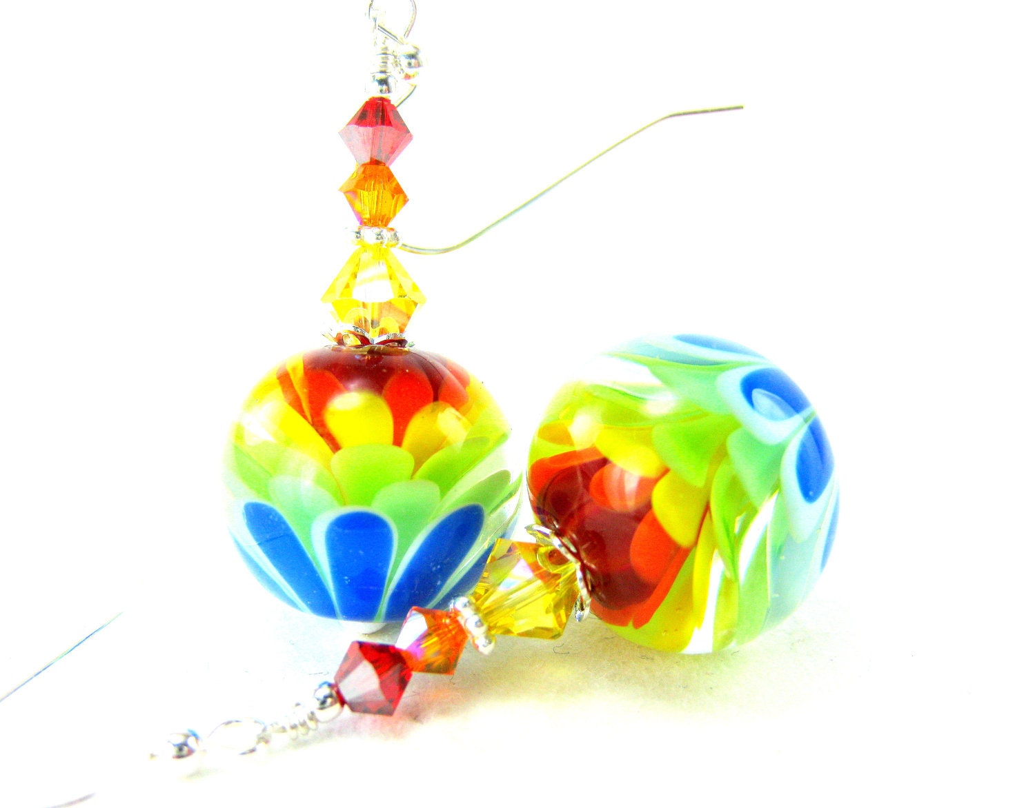 Rainbow Flower Earrings, Rainbow Earrings, Colorful Encased Lampwork Bead Earrings, Beadwork Earrings, Spring Earrings - Be Happy