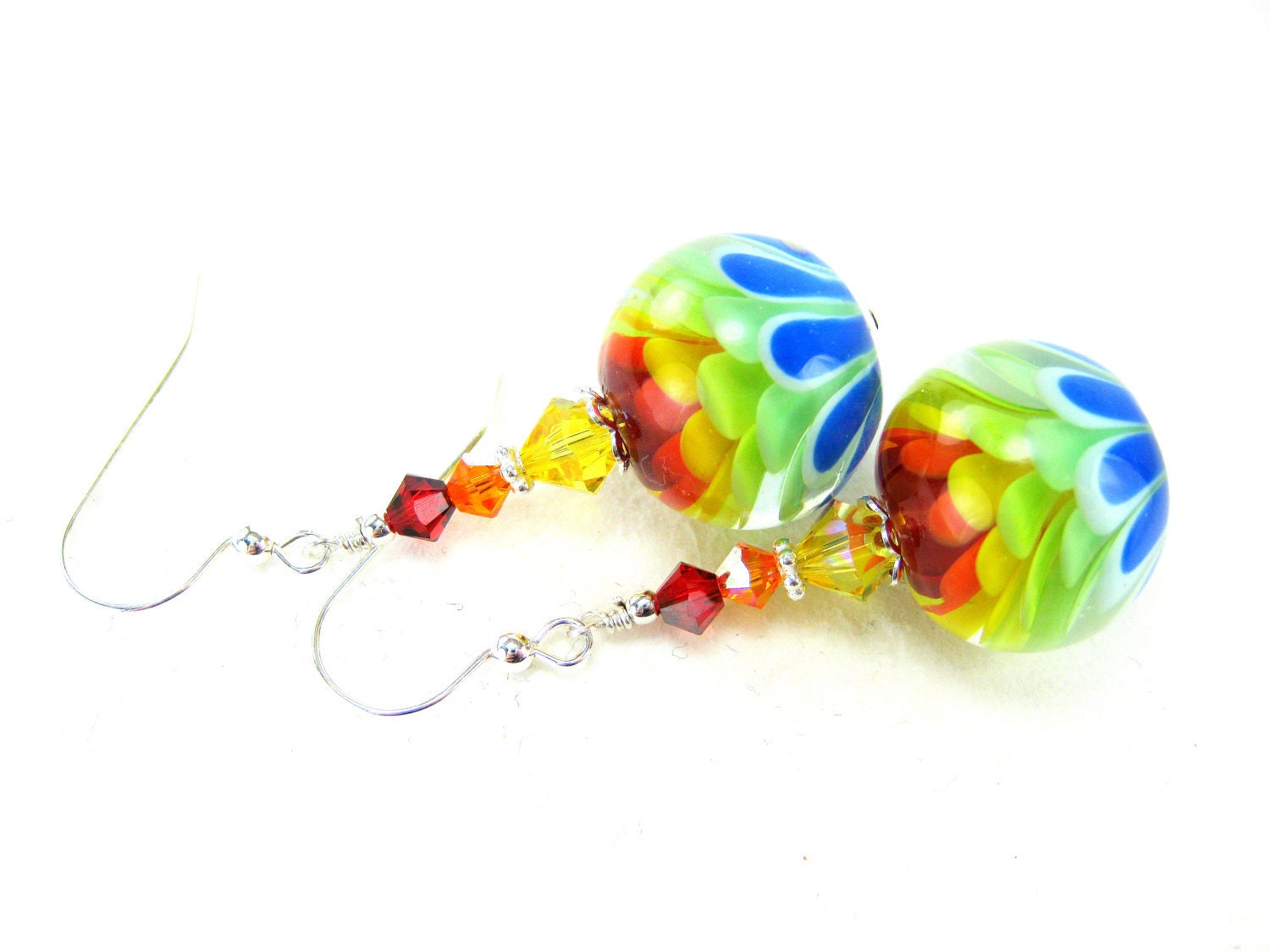 Rainbow Flower Earrings, Rainbow Earrings, Colorful Encased Lampwork Bead Earrings, Beadwork Earrings, Spring Earrings - Be Happy