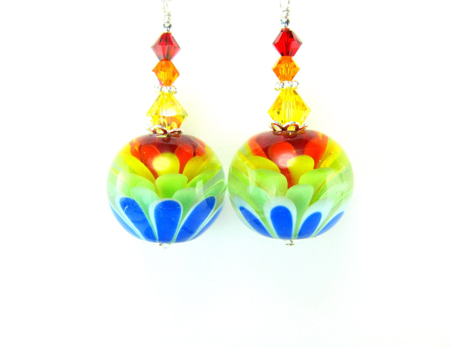 Rainbow Flower Earrings, Rainbow Earrings, Colorful Encased Lampwork Bead Earrings, Beadwork Earrings, Spring Earrings - Be Happy