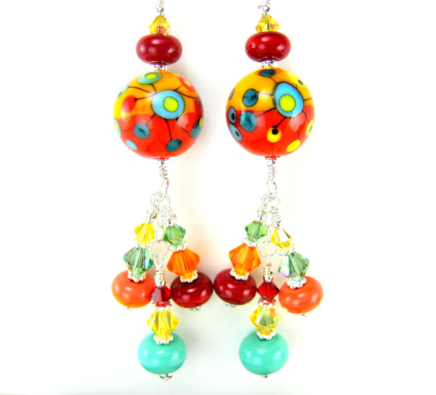 Colorful Beadwork Earrings, Summer Lampwork Earrings, Yellow Red Orange Glass Bead Earrings, Funky Earrings, Unique Dangle Earrings - Cosmic