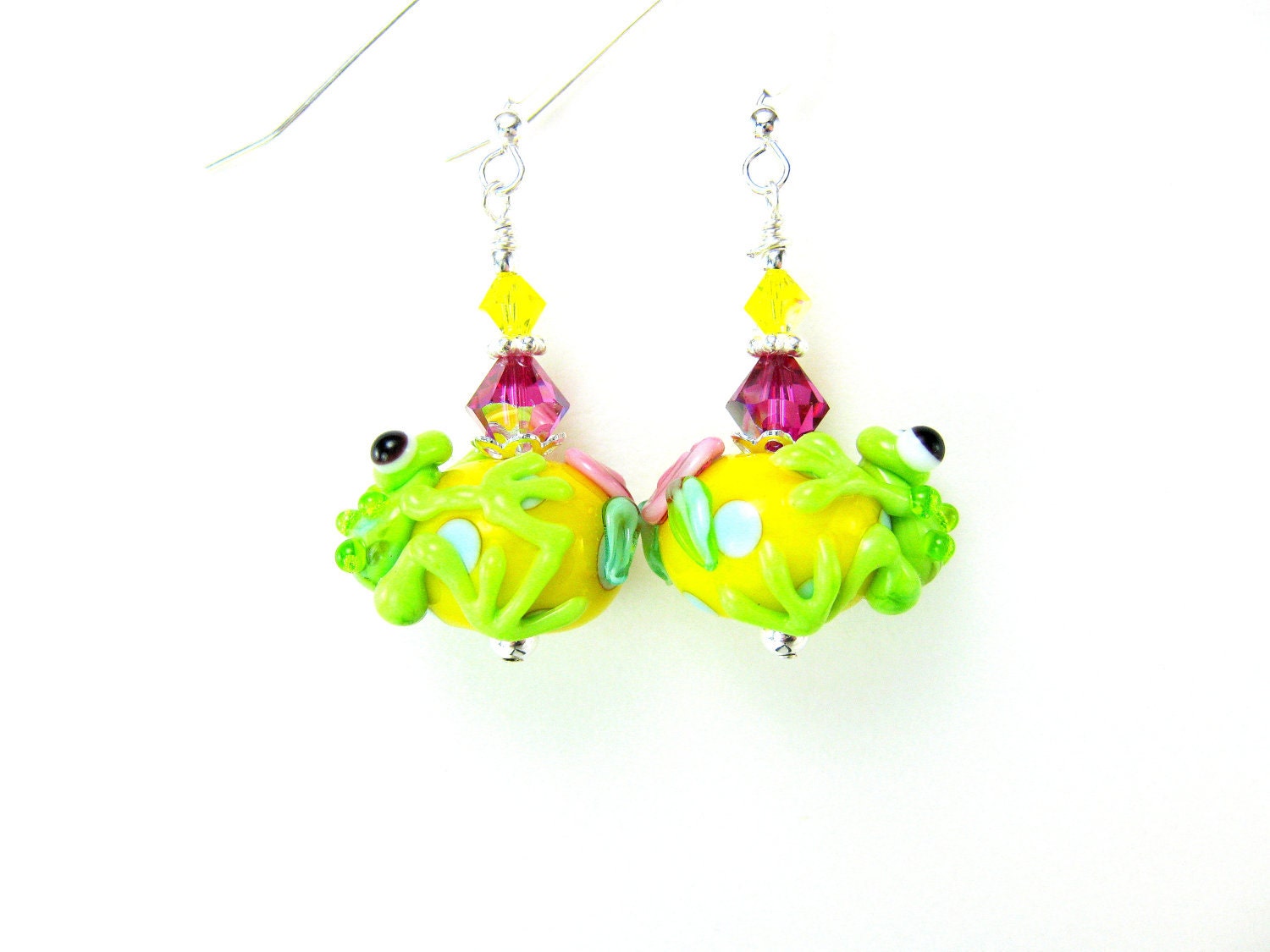 Frog Earrings, Lime Green Frog Lampwork Earrings, Green Yellow Pink Glass Earrings, Neon Earrings, Animal Earrings - Leap Frog