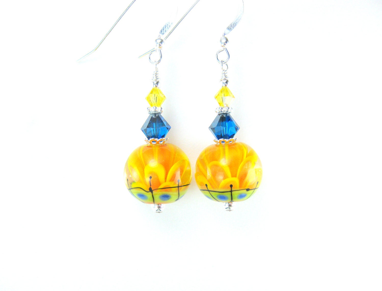 Yellow Lampwork Earrings, Orange Yellow Flower Earrings, Orange Yellow Blue Encased Flower Earrings, Summer Earrings - Gerbera Daisies