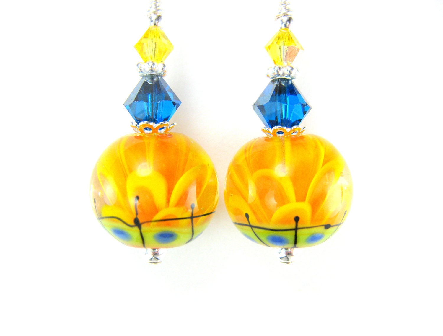 Yellow Lampwork Earrings, Orange Yellow Flower Earrings, Orange Yellow Blue Encased Flower Earrings, Summer Earrings - Gerbera Daisies