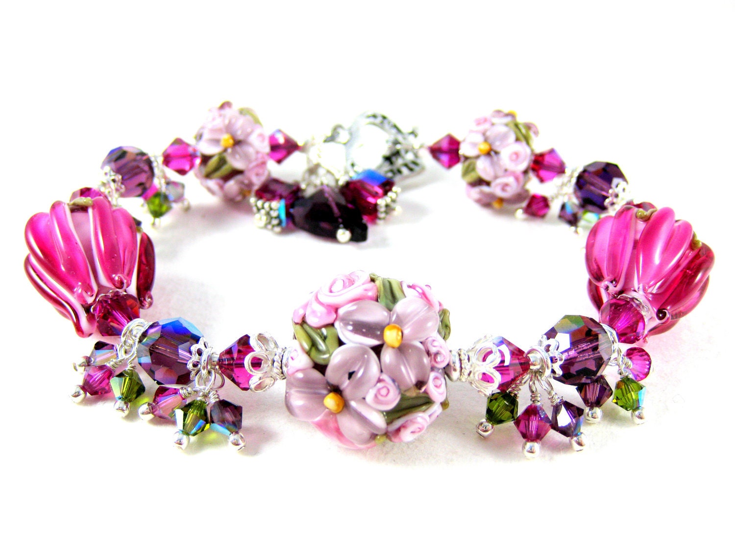 Purple Lampwork Bracelet, Purple Pink Floral Bracelet, Flower Bracelet, Glass Bead Bracelet, Fuchsia and Purple Bracelet - Ambrosia