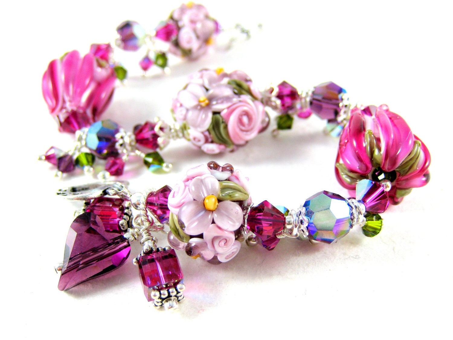 Purple Lampwork Bracelet, Purple Pink Floral Bracelet, Flower Bracelet, Glass Bead Bracelet, Fuchsia and Purple Bracelet - Ambrosia