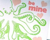 Letterpress Valentine Be Mine Octopus Linocut