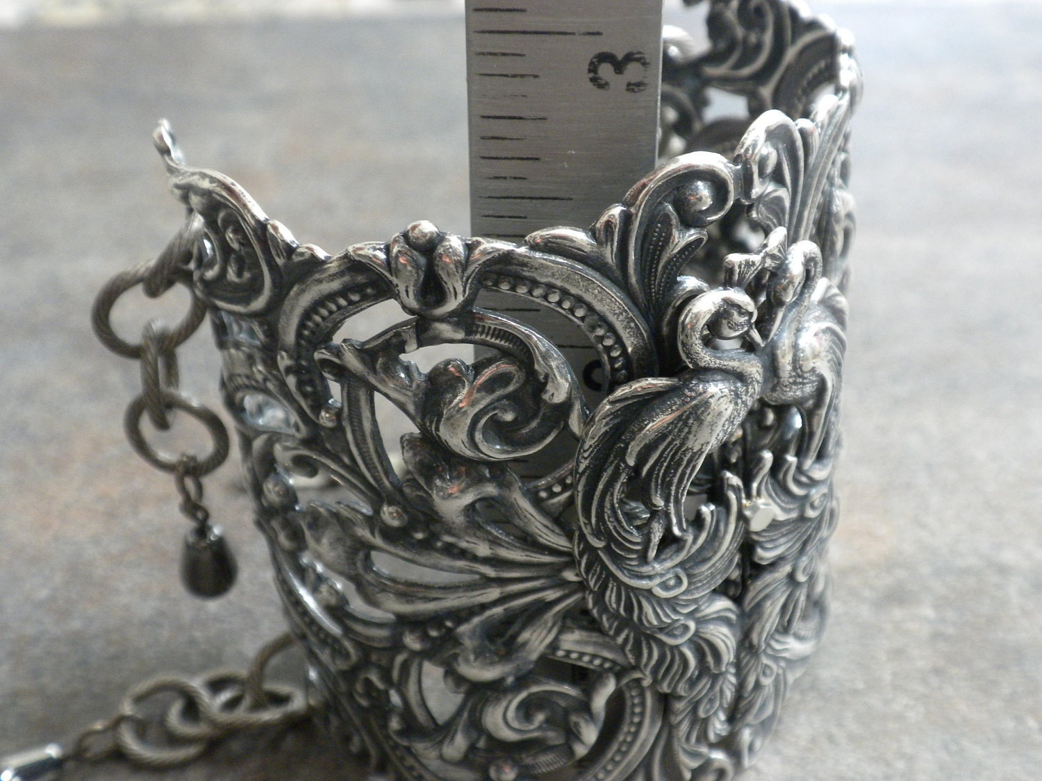 Extra Wide Silver Filigree Peacock Cuff Fashion Bracelet