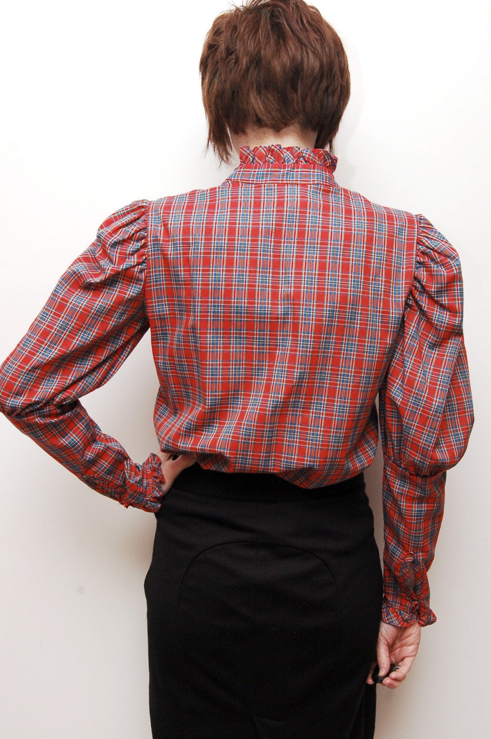Red Plaid Ruffled Button Up Blouse - M