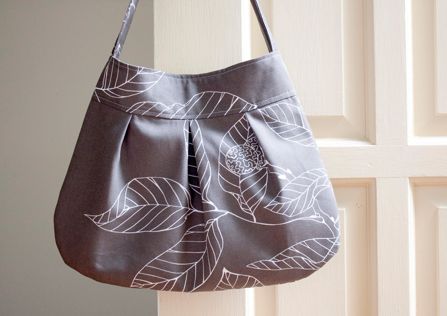 canvas shoulder bag // pleated purse // ipad bag // mothers day gift // READY TO SHIP // grey leaves // the charlie bag
