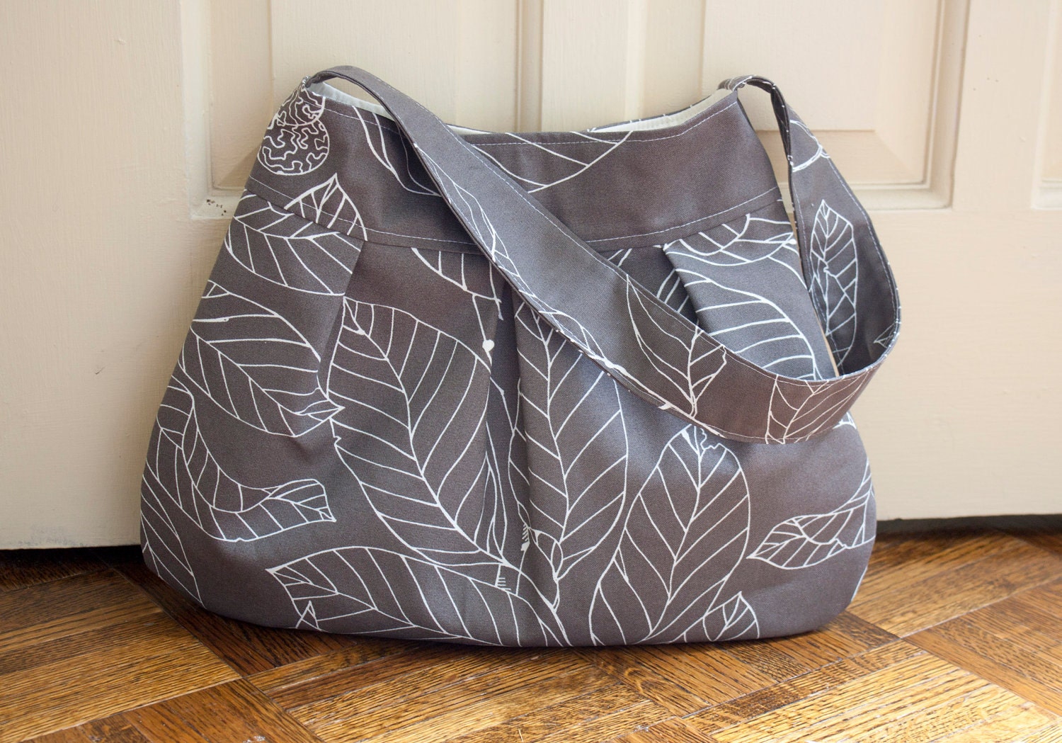 canvas shoulder bag // pleated purse // ipad bag // mothers day gift // READY TO SHIP // grey leaves // the charlie bag