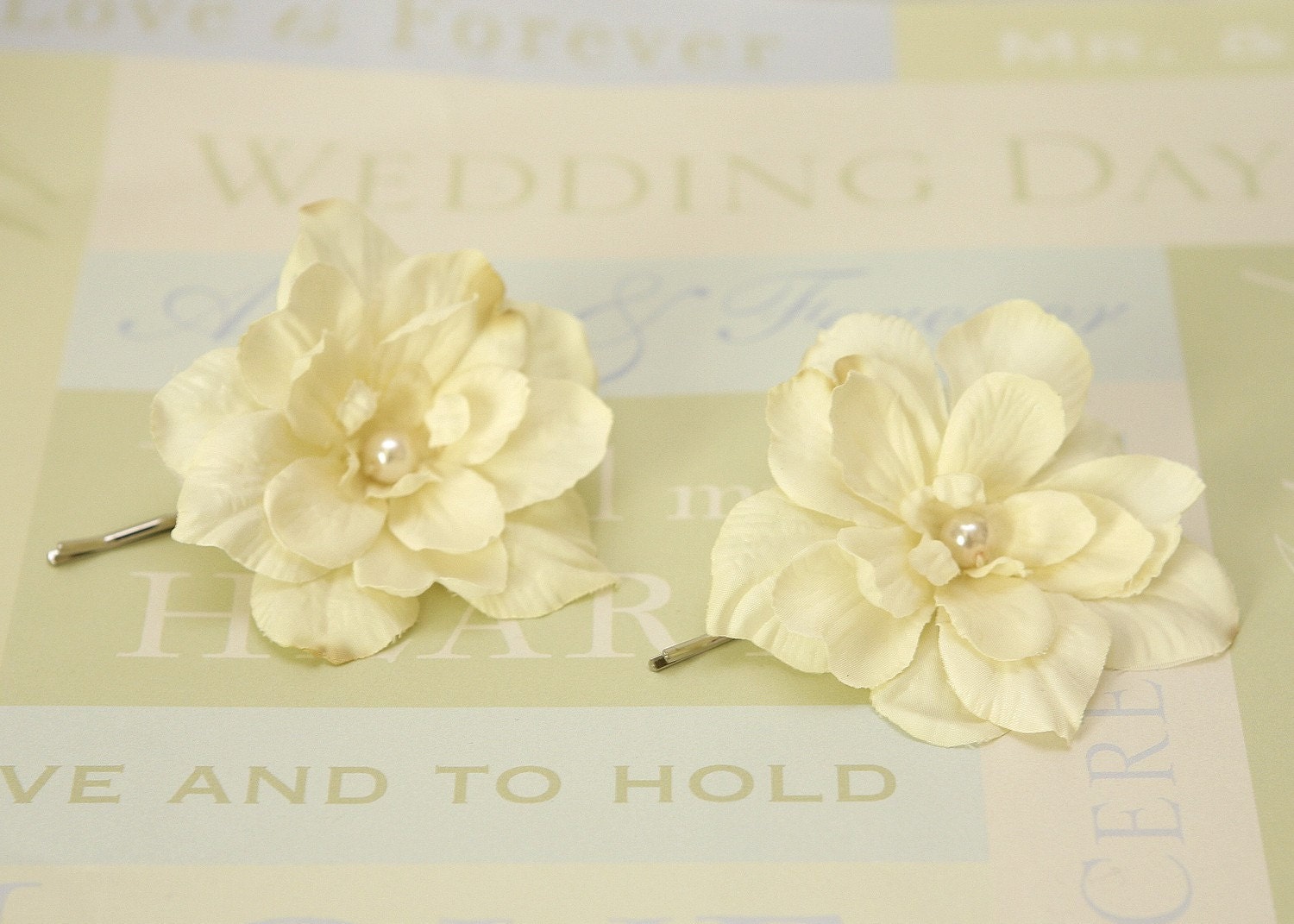 Wedding hair pins, Set of 2 ivory delphinium flower, bridal, bridesmaids hair piece