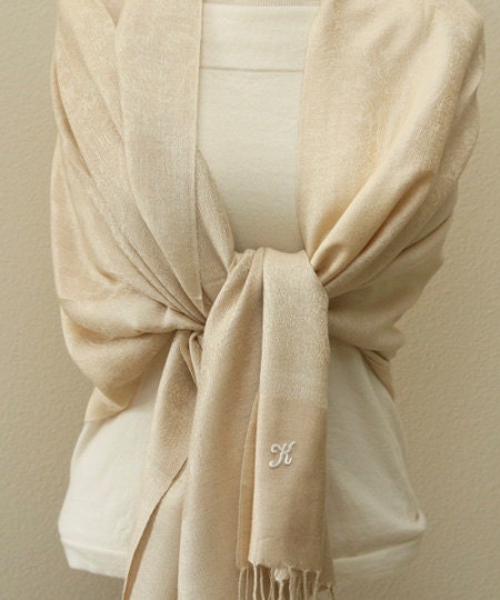 Bridesmaids Gifts - Champagne paisley pashmina shawl scarf wrap, monogram