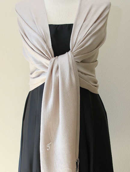 Soft solid gray taupe pashmina bridal, bridesmaids shawl, scarf, wrap with monogram