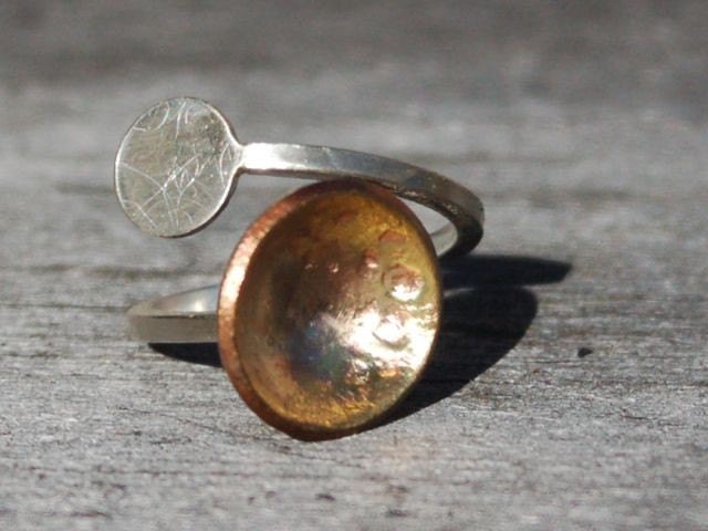 Adjustable Ring of Recycled Sterling Silver and Brass--"Planets Ring"