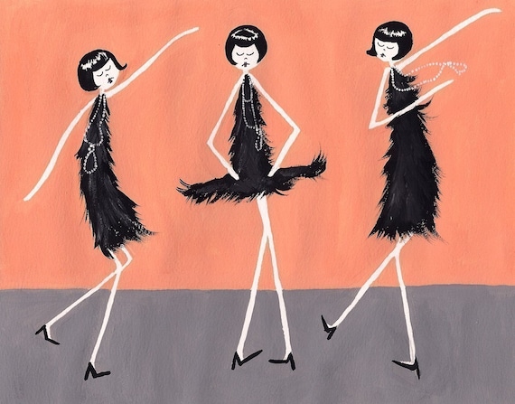 1920s Flappers dancing the Charleston // 4x6 art print // Jazz age painting