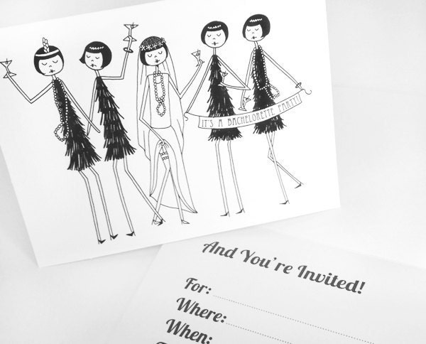 Bachelorette party invitations // 1920s flapper theme // 10 cards