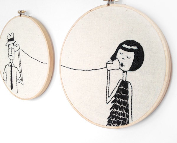 Ernest and Eloise play telephone // Printable PDF Valentine Embroidery Pattern