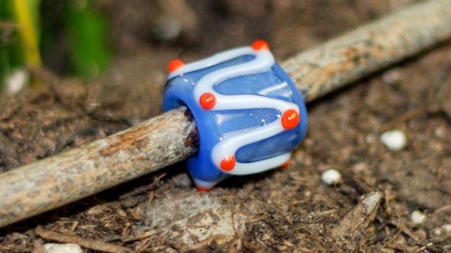 Glass Dreadlock Bead -  Blue with white stripes and orange dots