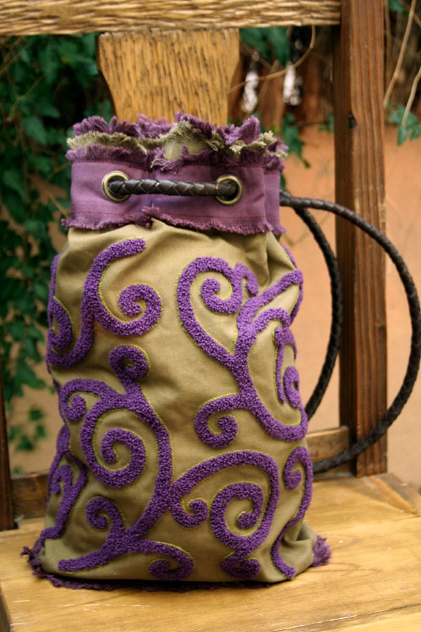 Womens Backpack Purse Boho Chic Olive Green Cotton Canvas Bag Purse Embroidered Purple Spirals Brown Leather Handles Purse Handbag - Gift