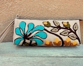 Clutch Purse - Flowers Embroidered Natural Tan Cotton Canvas - Womens Vegan Purse - Purse Handbag Bag Purse - Wedding Bridesmaid Clutch