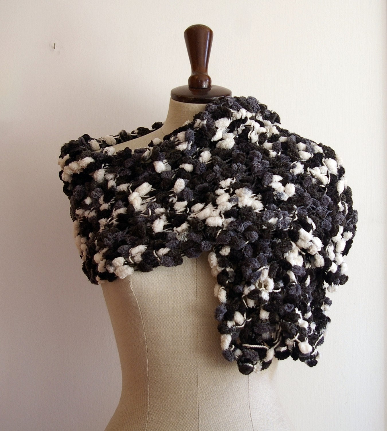 Black Grey and White Curly long scarf ,neckwarmer, cowl, necktie