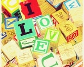 O I love u - Antique Blocks LOVE  I love U  I love you love you gift Happy Valentine Spring love gift Heart u Fine Art Print 4x4