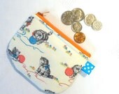 Fabric Coin Purse Zipper Change Purse Retro Kittens Yarn Playful Cats Handmade Pink Blue MTO