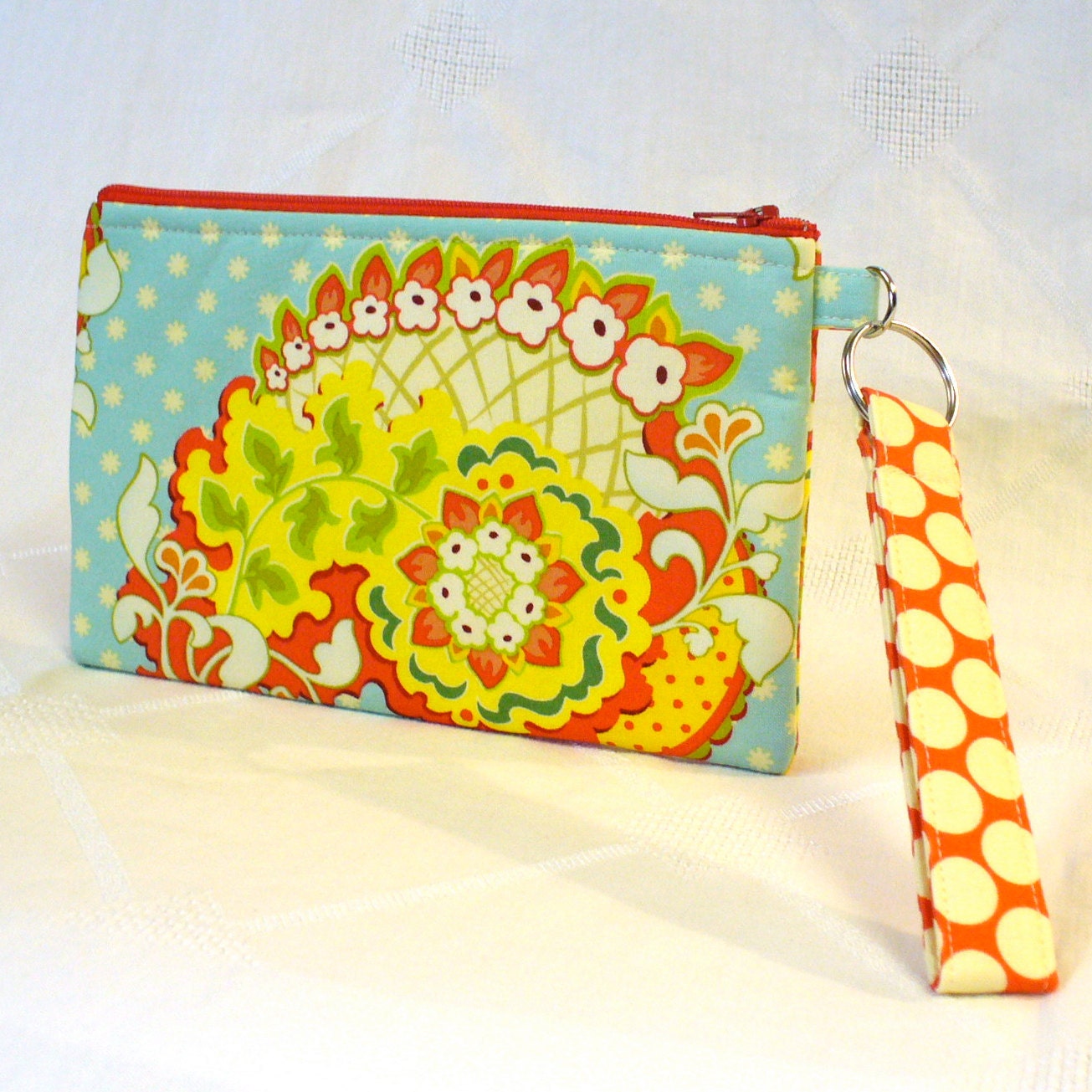 Wristlet Clutch Purse Heather Bailey Fabric Cosmetic Bag Zipper Pouch Key Fob Paisley Sky Blue Red Pop Garden Handmade MTO