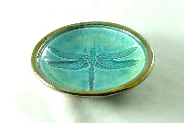 Dragonfly Bowl Handmade Ceramic Raku Pottery in Turquoise