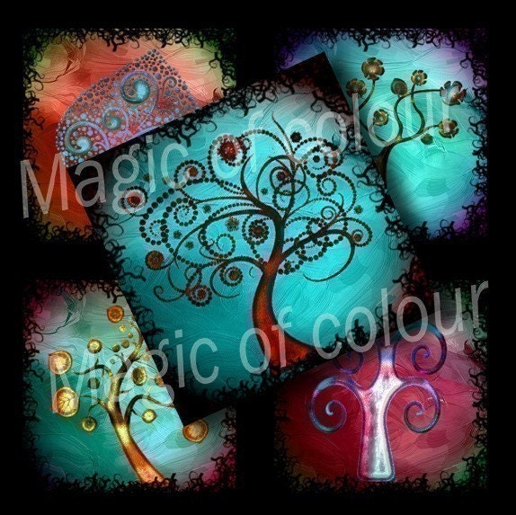 Stylized Curl Colourful Trees - 63  1x1 Inch Square JPG images - Digital  Collage Sheet