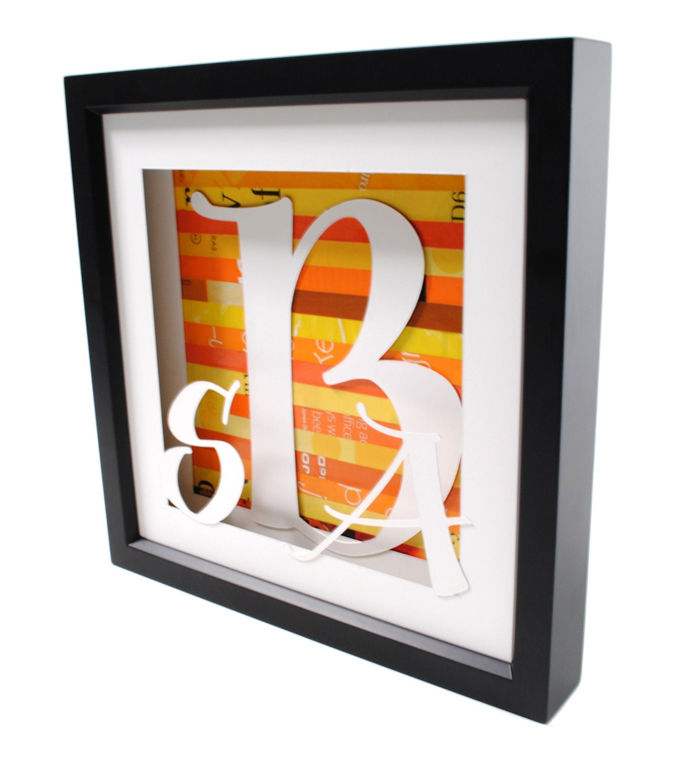 personalized monogram art- shadowbox made from recycled magazines, for weddings, first anniversary and graduation gifts