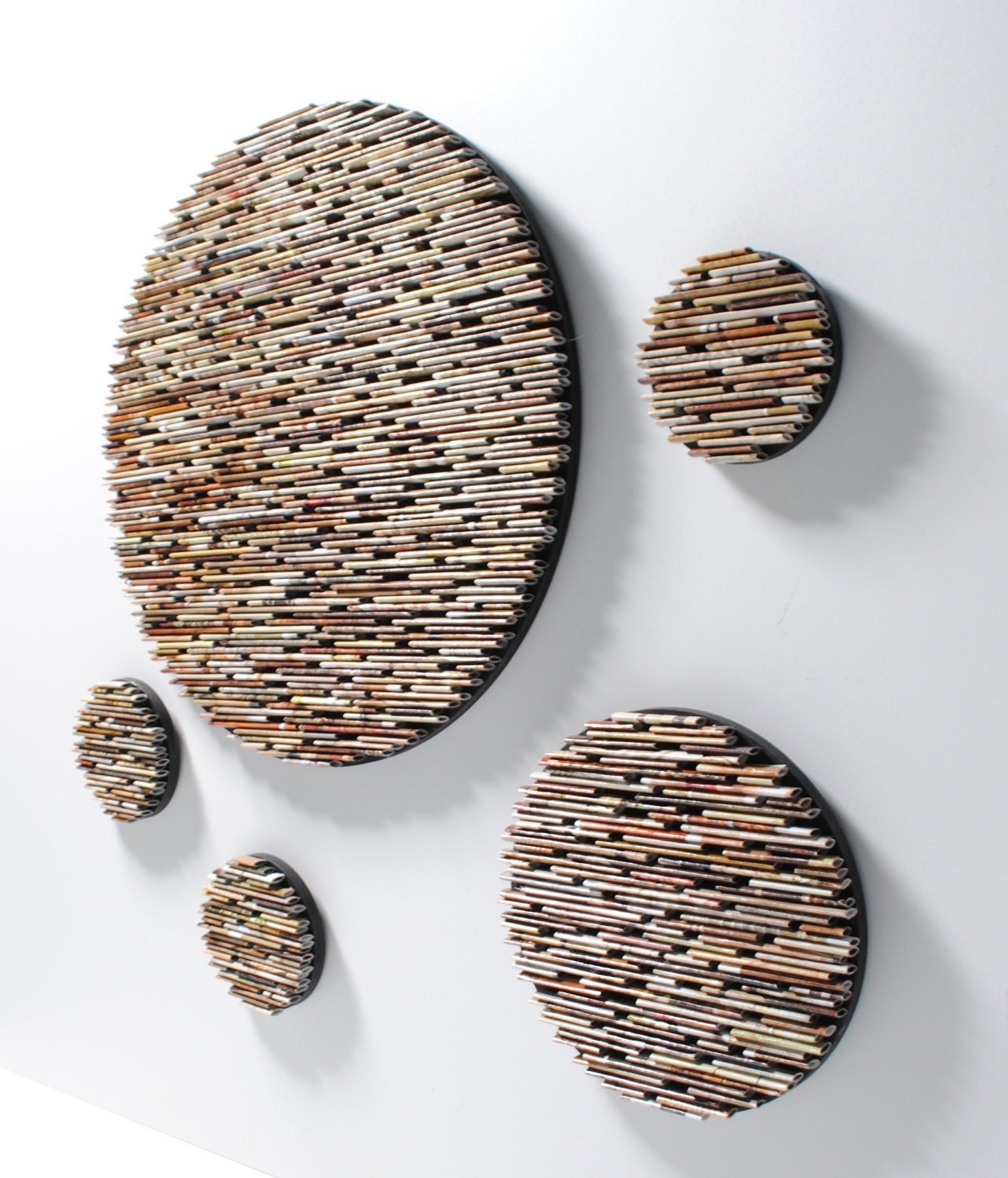 set of 5 neutral colored round wall art- made from recycled magazines, colorful, unique